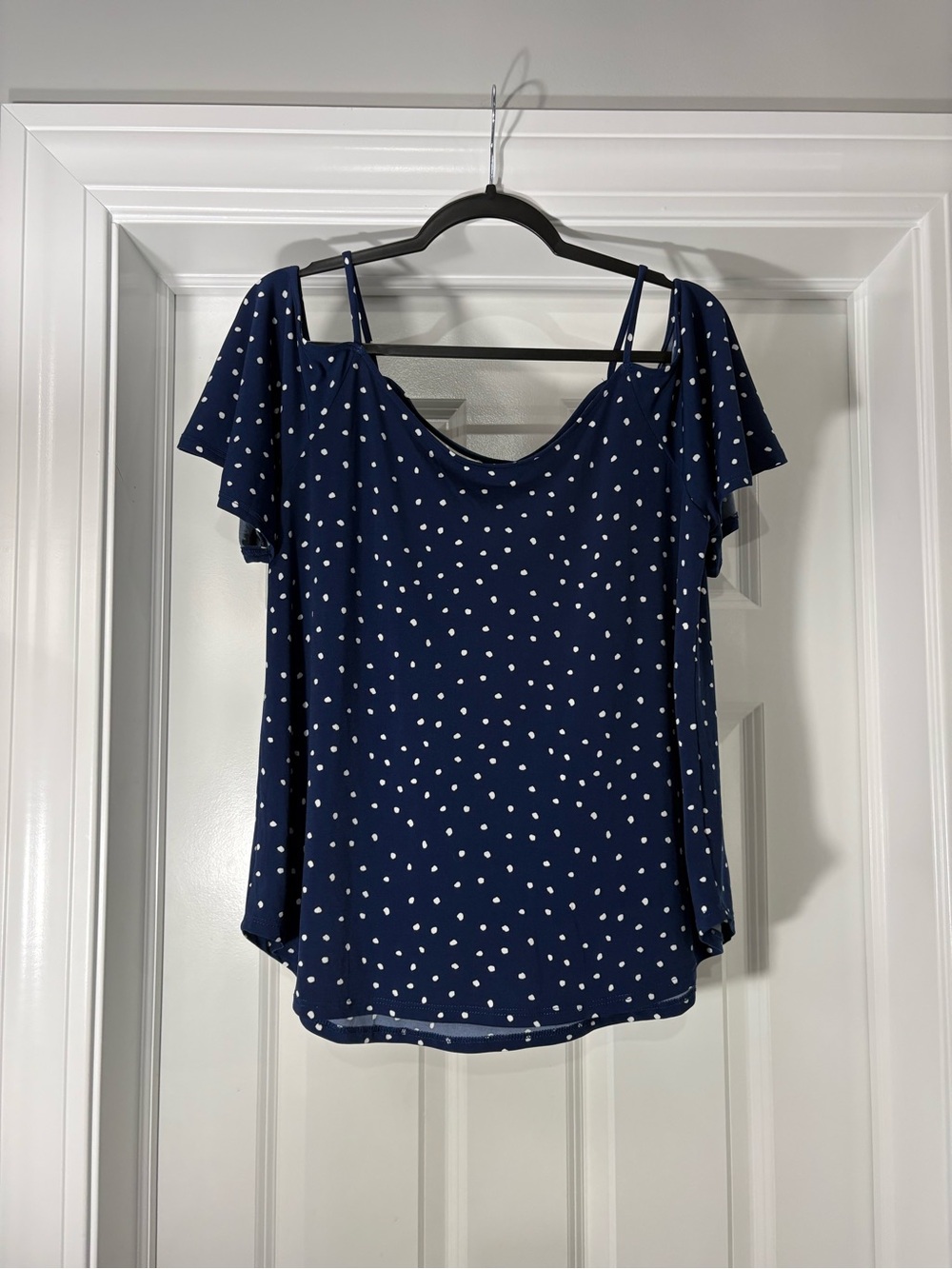 Kayleigh Navy Polka Dot Cold-Shoulder Womens Top